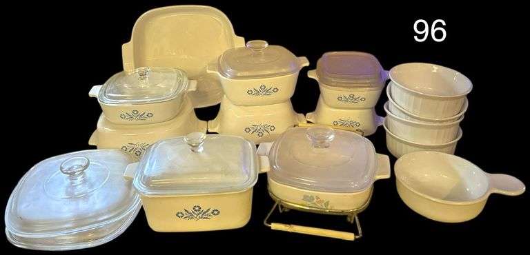 7 CORNING WARE BLUE CORNFLOWER BAKING DISHES, CORNING WARE FRIENDSHIP PATTERN BAKING DISH W/ HOT PLATE, 4 RIBBED CORNING WARE BOWLS, OTHER CORNING WARE BAKING DISH, CORNING WARE P-150-B BOWL 5 36 image