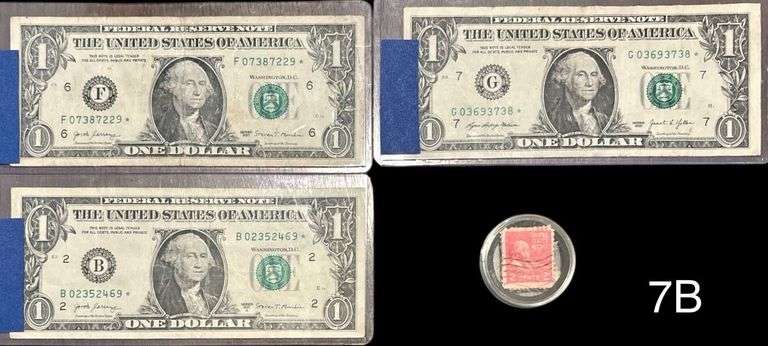 3 CIRCULATED $1 BILL STAR NOTES: SERIAL NO. F 07387229 *, B 02352469 *, G 03693738 *; 12 VINTAGE JOHN ADAMS 2 CENTS STAMPS image