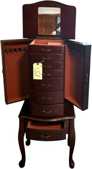 WOODEN JEWELRY ARMOIRE W/ 7 DRAWERS, 2 DOORS, AND MIRRORED TOP image