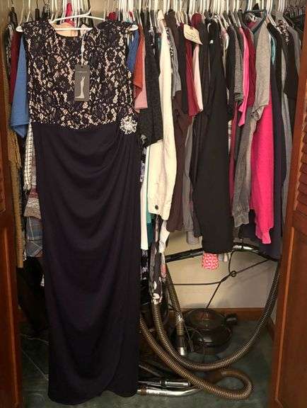 LARGE LOT OF MEN’S AND WOMEN’S CLOTHING: SHIRTS, TEE SHIRTS, DRESS SHIRTS, FULL LENGTH EVER PRETTY DRESS W/ TAG, KHAKI PANTS, ZEGUR LUGGAGE BAG, SAMSONITE LUGGAGE BAG, ETC. - RAINBOW VACUUM CLEANER NOT INCLUDED image