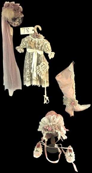 VINTAGE DOLL CLOTHING: HAT, DRESS, SHOES; BOOT CUSHION; LADIES’ HAT image