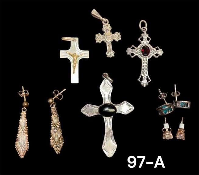 925 STERLING SILVER LOT: 4 CROSSES, 3 PAIRS OF EARRINGS - WEIGHS 27.51 GRAMS/.88 TROY OZ. image