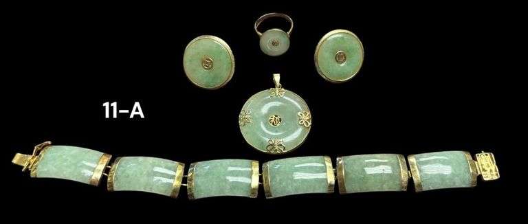 BEAUTIFUL JADE SET, ALL 14K: PENDANT, EARRINGS, RING, AND BRACELET image