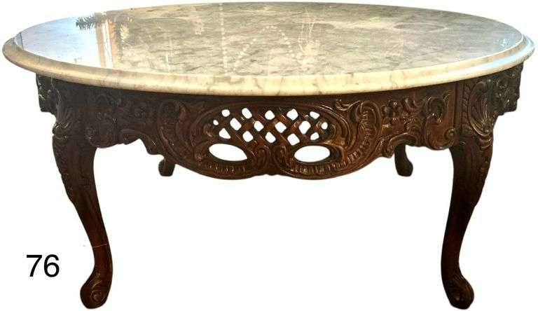 MARBLE TOP COFFEE TABLE W/ ORNATELY CARVED WOODEN BASE - MATCHES LOTS #73, #74, #75 image