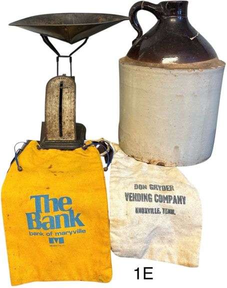 VINTAGE COLUMBIAN KITCHEN SCALE, CROCK JUG AS-IS (CRACKED, HANDLE HAS BEEN REAPPLIED), VINTAGE "THE BANK OF MARYVILLE" BAG, VINTAGE DON GRYDER KNOXVILLE TN BAG, VINTAGE WOODEN BOX