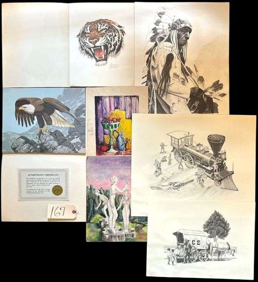 2 GUY COHELEACH LITHOGRAPHS - 1 W/ COA, 2 VINTAGE JUDY HALL PRINTS AS-FOUND, LOCOMOTIVE PRINT, HORSE AND ICE BUGGY PRINT, NATIVE AMERICAN PRINT ARTIST SIGNED #56/500 (AS-IS, LARGE STAIN) image