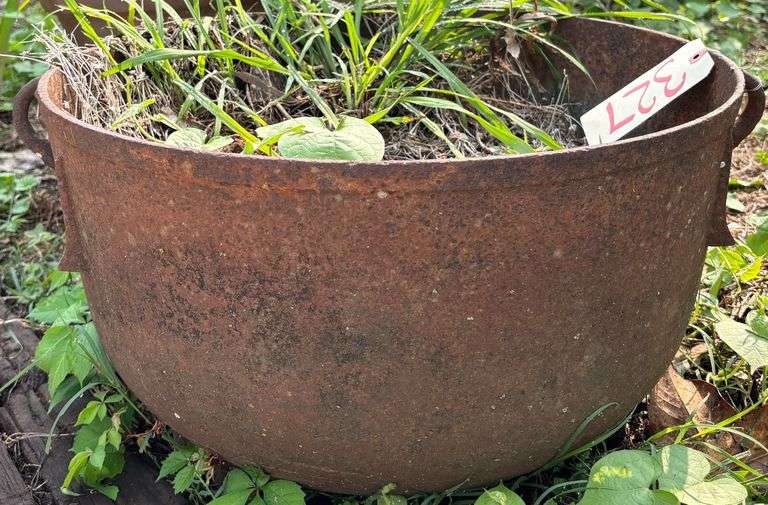 ANTIQUE CAST IRON CAULDRON - POSSIBLE HOLES DRILLED IN BOTTOM FOR USE AS PLANTER image