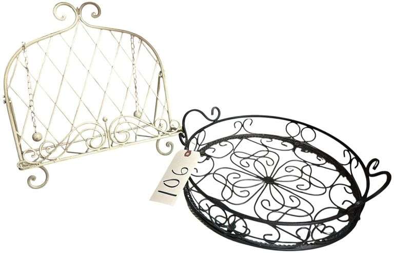 WROUGHT IRON COOKBOOK STAND, ROUND WROUGHT IRON TRAY W/ GLASS INSERT image