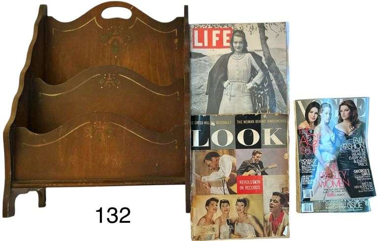 VINTAGE MAGAZINE STAND W/ APPLIED STENCILING TO INCLUDE NOV. 15 1943 LIFE MAGAZINE, APRIL 15 1958 MAGAZINE, AND OTHERS image