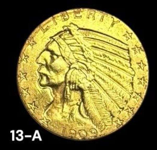 U.S. 1909 $5 DOLLAR GOLD COIN, INDIAN HEAD, EAGLE BACK, VERY NICE DETAIL! APPROX. 7/8” DIAMETER, 8.32 GRAMS image