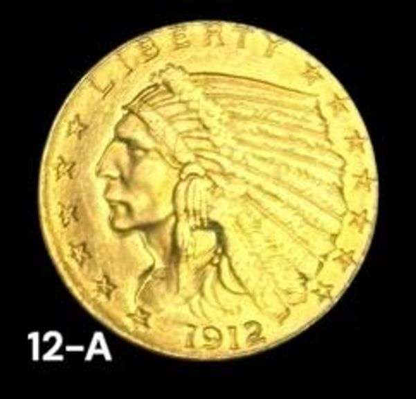 $2 1/2 DOLLAR GOLD COIN, INDIAN HEAD, EAGLE 1912, VERY GOOD CONDITION! APPROX. 11/16” DIAMETER, 4.2 GRAMS image