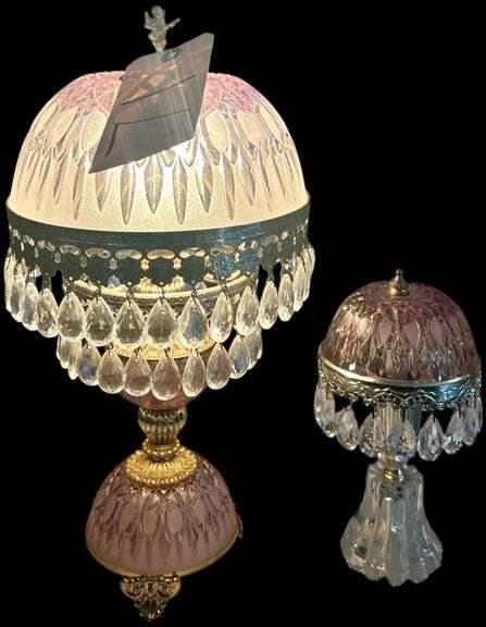 ELECTRIC LAMP W/ ROSE COLOR SHADE AND GLASS PRISMS; SMALLER/MINIATURIZED ELECTRIC LAMP W/ ROSE COLOR SHADE AND GLASS PRISMS - MATCHES LOTS #68 & #70 - FINIAL ON LARGER LAMP NEEDS TO BE REPAIRED image