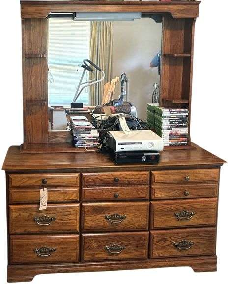9-DRAWER WOODEN DRESSER (CONTENTS NOT INCLUDED) - MIRROR CRACKED AT LOWER LEFT CORNER image
