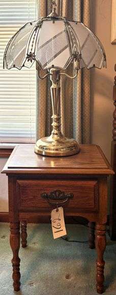 WOODEN 1-DRAWER NIGHT STAND, BRASS BASE ELECTRIC LAMP W/ BRASS AND GLASS SHADE image