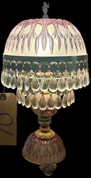 ELECTRIC LAMP W/ ROSE COLOR SHADE AND GLASS PRISMS - MATCHES LOTS #68 & #71 image
