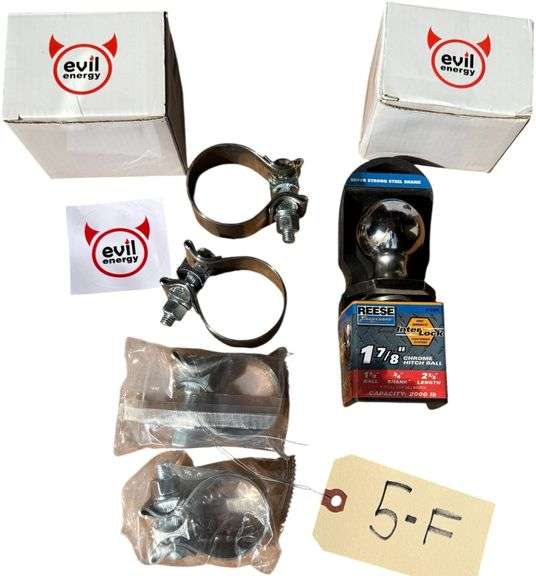 1-7/8" CHROME HITCH NEW IN BOX; 4 CHROME EVIL ENERGY EXHAUST CLAMPS NEW IN BOX