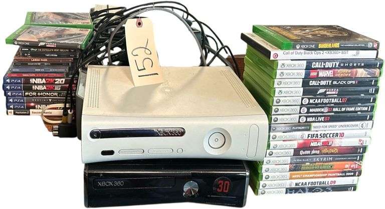 2 XBOX 360 GAMING CONSOLES (NO CONTROLLER, UNTESTED) W/ ASSORTED GAMES TO INCLUDE CALL OF DUTY, LEGO MARVEL, NCAA FOOTBALL, MADDEN, FIFA, NBA 2K11, GUITAR HERO AEROSMITH, SKYRIM, HALO 3, FORZA; SMALL ASSORTMENT OF PS4 GAMES TO INCLUDE NBA 2K16, NBA 2K17, NBA 2K20, ETC. image