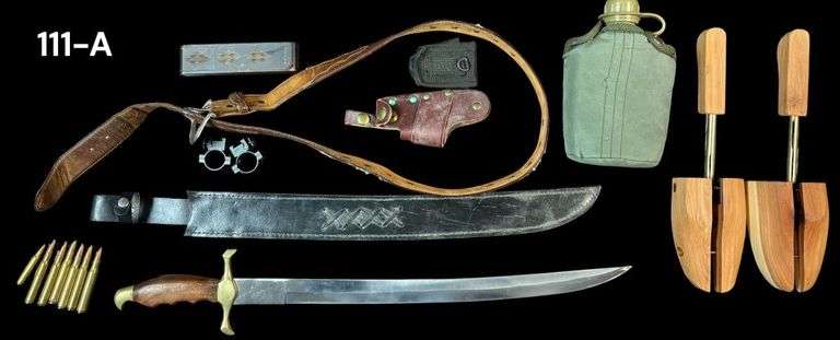 SABER WITH LEATHER SHEATH PAKISTAN, VINTAGE WESTERN BELT, CANTEEN, SMALL LEATHER HOLSTER, WOODEN SHOE STRETCHERS, SMALL WOOD BOX, GUN SIGHT CLAMPS, 6 ROUNDS 30-06 WINCHESTER AMMO image