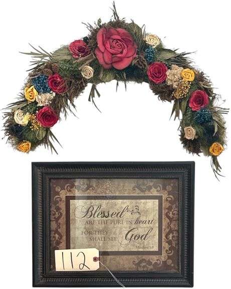 WALL HANGING ARTIFICIAL FLORAL ARRANGEMENT W/ MATTHEW 5:8 FRAMED SCRIPTURE image