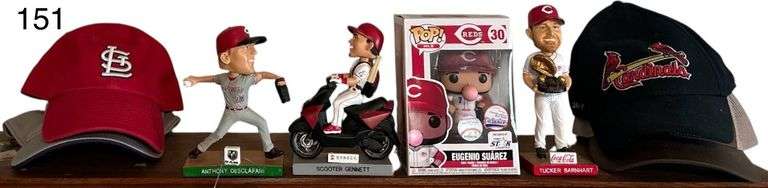 3 CINCINNATI REDS BOBBLE HEADS: ANTHONY DESCALFANI, SCOOTER GENNETT, TUCKER BARNHART; FUNKO POP EUGENIO SUAREZ; 2 ST. LOUIS CARDINALS HATS; 2 OTHER HATS image