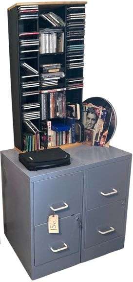2 2-DRAWER METAL FILE CABINETS W/ CD ORGANIZER CHOCK-FULL OF CD’S AND OTHER CONTENTS image