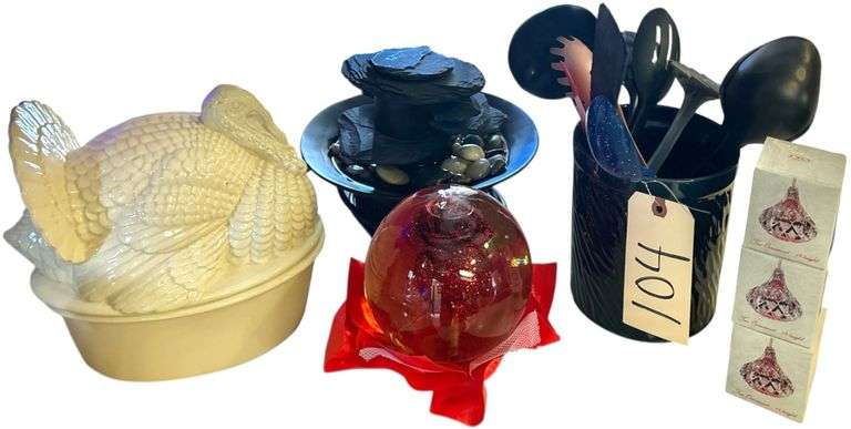 ELECTRIC WATER FOUNTAIN, TURKEY COOKIE JAR, KITCHEN UTENSIL HOLDER W/ ASSORTED UTENSILS, 3 LEAD CRYSTAL CHRISTMAS ORNAMENTS, DECORATIVE ARTIFICIAL ROSE IN GLASS GLOBE image