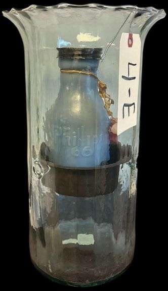 NICE LARGE DECORATIVE GLASS VASE WITH METAL INSERT AND CANDLE MADE TO LOOK LIKE VINTAGE JAR