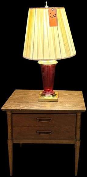 LANE WOODEN 1-DRAWER SIDE TABLE W/ GLASS AND BRASS BASE ELECTRIC LAMP image