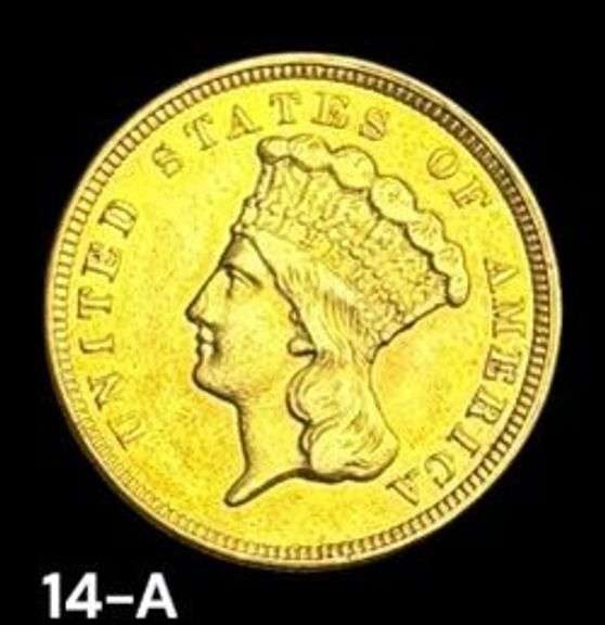 GOLD U.S. $3 DOLLAR GOLD COIN, 1857, VERY NICE DETAILS! APPROX. 13/16” DIAMETER, 5.0 GRAMS image