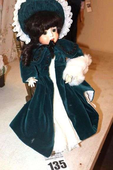 Vintage Porcelain Collector Doll by Katherine Garavents - in 1900 green dress, cape, muff BD1 19822 - in Wood Rocking Chair 20" image