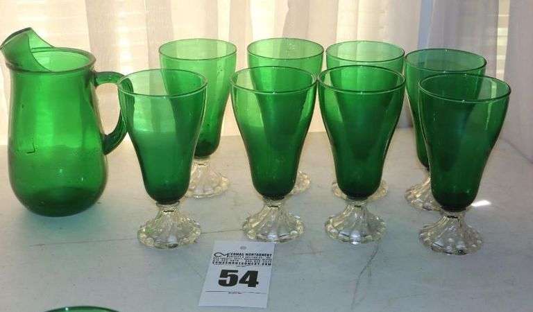 Rare 8 Anchor  Hocking Forest Green Boopie Ice Tea Glasses & Pitcher image