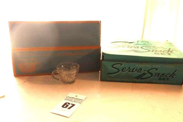 2 Vintage Anchor Hocking Punch/Dessert items: 4 Dessert Plates with 4 matching cups with Grape design in box & 12 "Arlington" Party Cups in box image