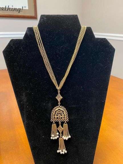 12in Gold Tone 3 Strand Nacklace w/3.5in Faux Pearl Beaded Tassel