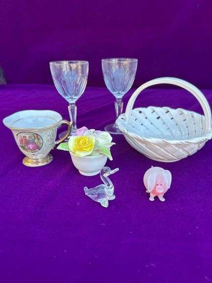 2 Aperitif Glasses, Woven China Basket, Mini China Cup, Coalport Flower Cup and 2 Glass Figurines(Pig and Goose) image