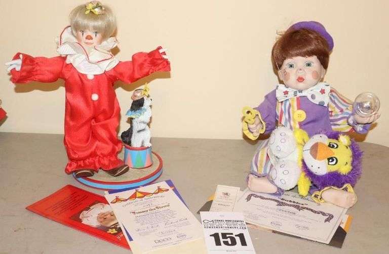2 Ashton Drake Porcelain Clown Dolls : J Knowles McCellan "Tommy the Clown: with circus dog & "Reco" with certificate 31591 & Bubbles - the Little Clown by Mary Treter with certificate 6247HA image