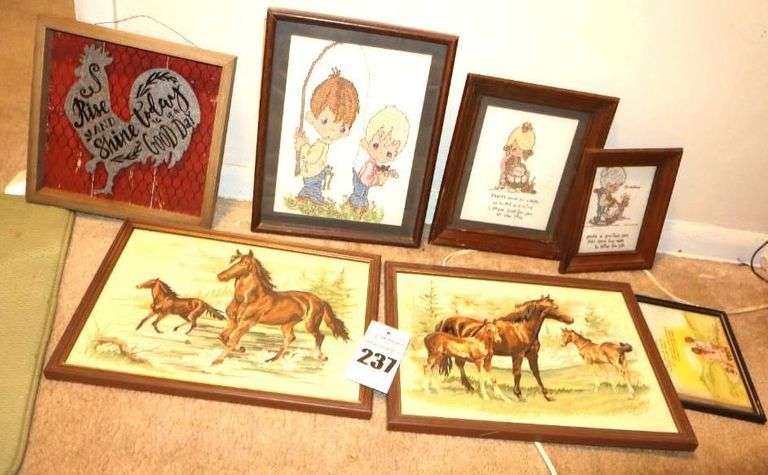 Variety of Wall Art Items: 3 Framed Precious Moments Cross-stitch, Metal Rooster, Horses image