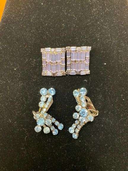 1in Signed Weiss Clip-on Earrings and 1in Unsigned Juliana Style Blue Rhinestone Clip-on Earrings