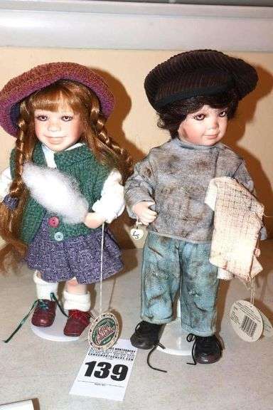 2 -  14" Ganz Cottage Collectible - Porcelain Dolls on Stands - "Pippi" girl & "TJ" boy image