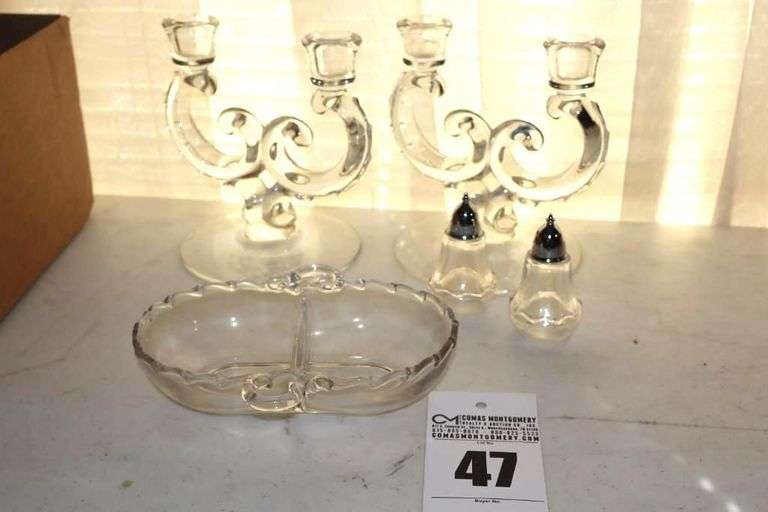 Fostoria "Century" Clear -2 Double Ligh Candle Sticks, 2 Part Relish Dish, Salt & pepper set etc.    Matching Lots #43,44, 45 & 46 image