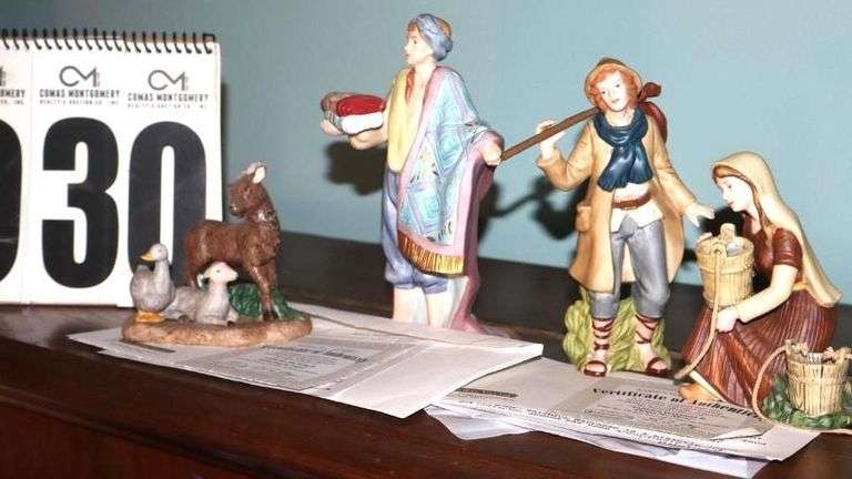 Bradford Exchange Thomas Kinkade Hawthorne Village Nativity "Star of Hope" Collection: 4 Characters -  Faithful Wayfarer (A0218), Thirst No More (A0218), Gifts for my King (A1881), & Gathering In Praise (A1881)                                     Each piece is hand-painted bisque porcelain and  most are numbered with certificate  ****Lots #18 - 31 have pieces of collection image