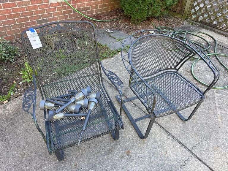 Pair of Metal Outdoor Patio Chairs and assortment of Landscape Solar Lights