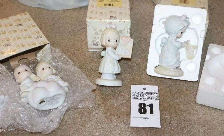 Precious Moments Porcelain Items: 3 - "Love Goes on Forever" 1979, "To a Very Special Mom & Dad" 1993, "May Only Good Things Come Your Way" 1990 - all in original boxes image
