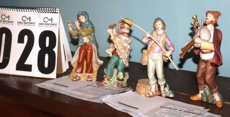 Bradford Exchange Thomas Kinkade Hawthorne Village Nativity "Star of Hope" Collection: 4 Characters -    Skilled Fisherman (A0274), Playing for the Newborn King (A0274), Song of Peace Musician (E1877), & Song of Joy Musician (E1877)                                     Each piece is hand-painted bisque porcelain and  most are numbered with certificate  ****Lots #18 - 31 have pieces of collection image
