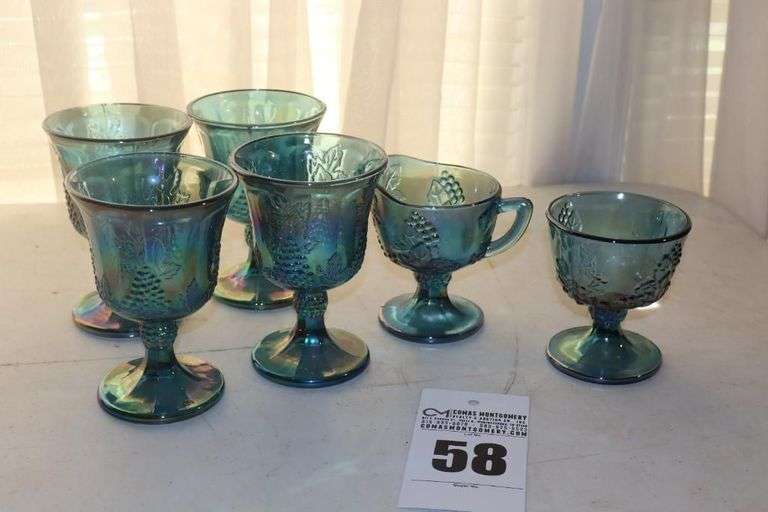 Indian Harvest Grape Blue Iridescent Carnival Glass Items, Pedestal Pitcher, sugar Bowl & 4 Wine Glasses image
