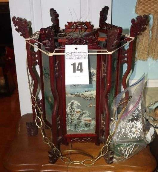 Traditional Koren/Chinese Style Wooden Lantern Lamp with Painted Panels with landscape design - electrical chain and bulb  18"x17"x15" image