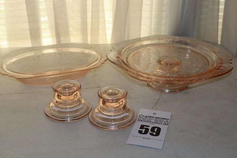 Vintage Pink depression glass "Madrid Design" Oval Serving Bowl, Pedestal Cake Dish, & 2 Candle Stands image