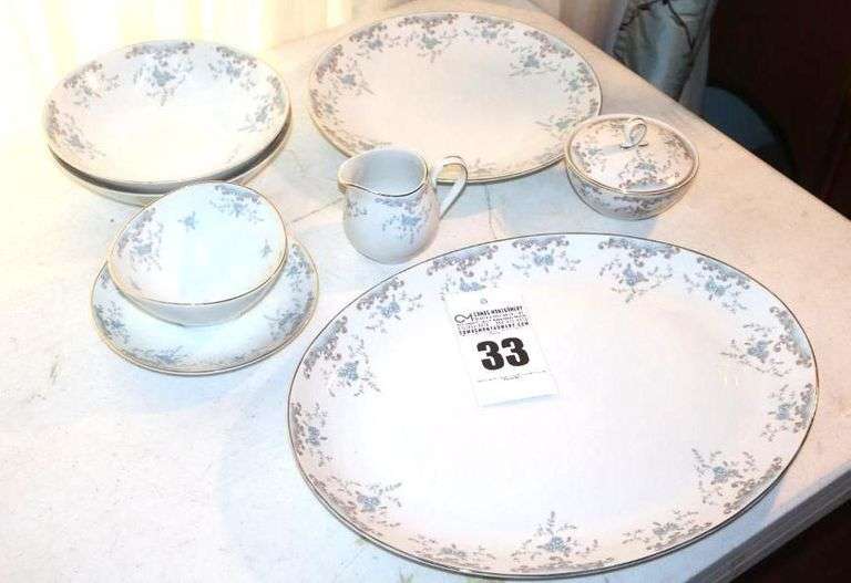 Imperial China by W. Dalton made in Japan "Seville" Serving Pieces: Large Platter, Round Platter, 2 round serving Bowls, Gravy Boat on Plate, Creamer, & sugar bowl with lid           **Matching lot #32 image