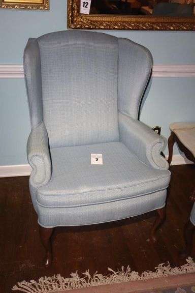 Blue upholstered Wing Back Arm Chair       42"x30"x19"                                          **Matches Lot # 8 image