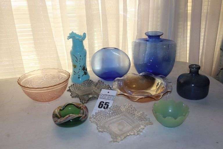 Variety of Colored Glass items some vintage Depression glass bowl, Ruffled Edge Bowl, 2 ruffled edge trays (clear & iridescent blue) 3 blue vase & ruffled edge vase, green blown glass ash tray, green dish image