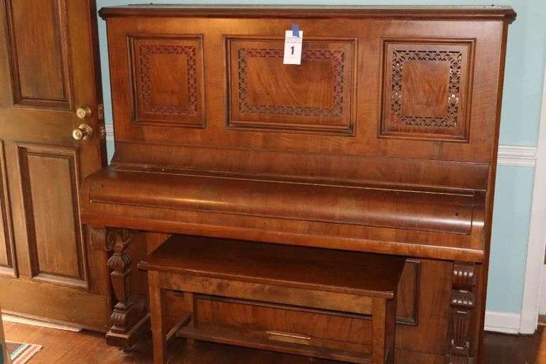 Fischer Antique Upright Piano (56"x60"x27") - Ornate Victorian Style with Wood Bench  (20"x37"x14")                                   **Buyer will need to bring help to move or hire professional mover image